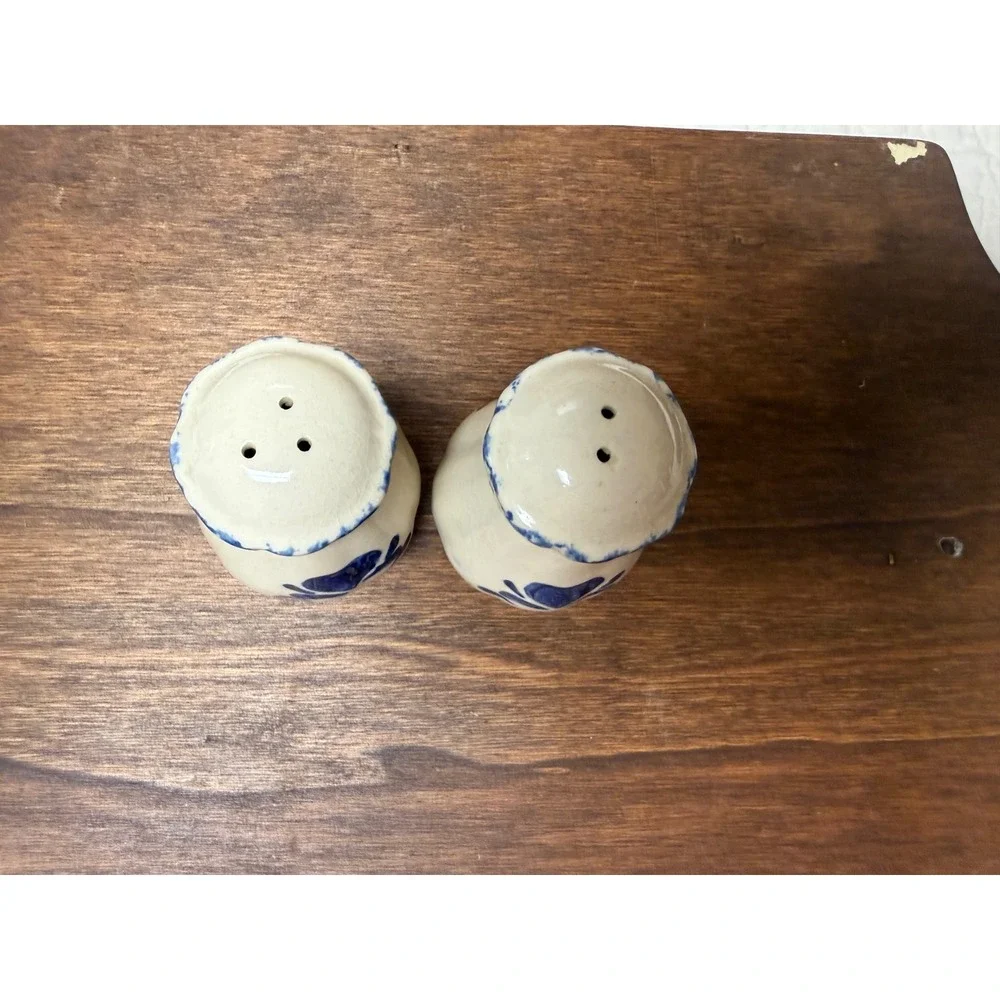 Vintage Blue Heart Ceramic Salt and Pepper Shakers Farmhouse Cream Crackle Glaze